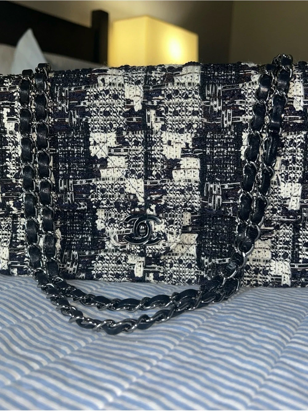 Chanel Navy Black Tweed Double Flap Double Chain Shoulder Bag 25 Silver Chain